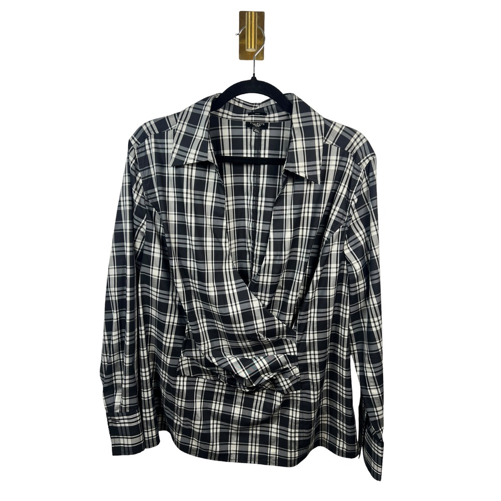 Talbots Plaid Cotton Blouse Black White Surplice Faux Wrap Side Zipper Top 16W